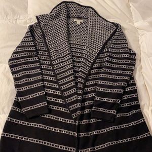 Black and white patterned open front cardigan